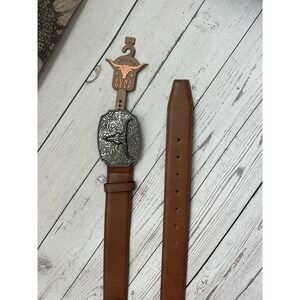 Authentic Runs Deep Mens Western Brown Leather Belt Silver Longhorn Buckle Small